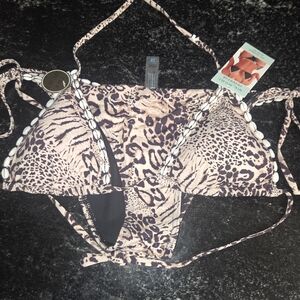 Animal Print Shell-Trim Bikini Set - Beige